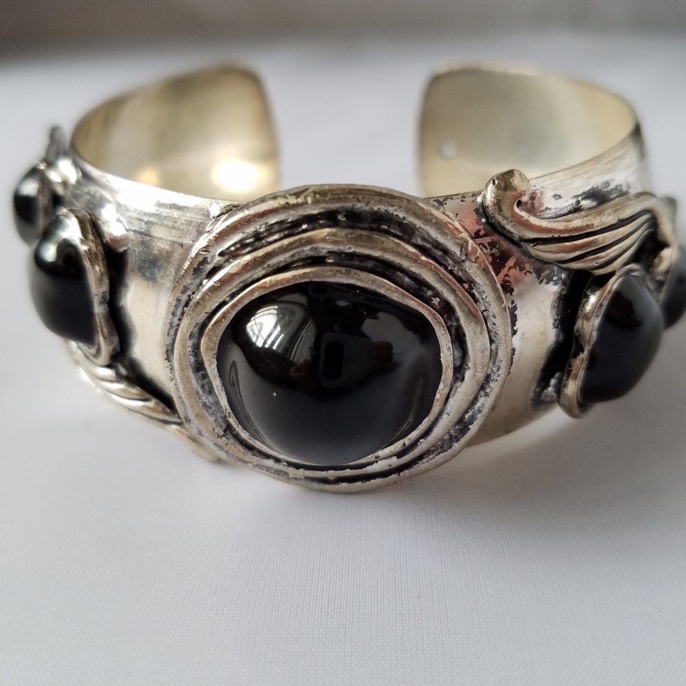 3 Silver Black Bracelets Bangle Cuff Stackable - image 2